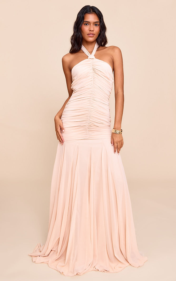 Cream Chiffon Halterneck Ruched Dropped Waist Maxi Dress