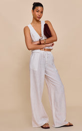 Cream Pinstriped Drawstring Wide Leg Trousers