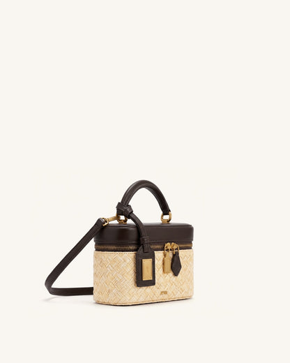 Cleo Faux Straw Box Shape Top Handle Bag - Brown