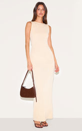 Almond Textured Boat Neck Sleeveless Maxi Dress