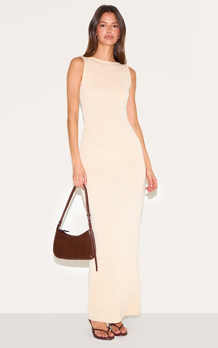 Almond Textured Boat Neck Sleeveless Maxi Dress