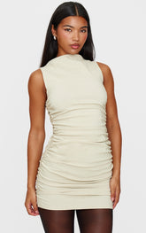 Stone High Neck Ruched Bodycon Dress