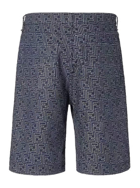 Fendi Blue Bermuda with Belt Loops and All-Over FF Motif in Cotton Man