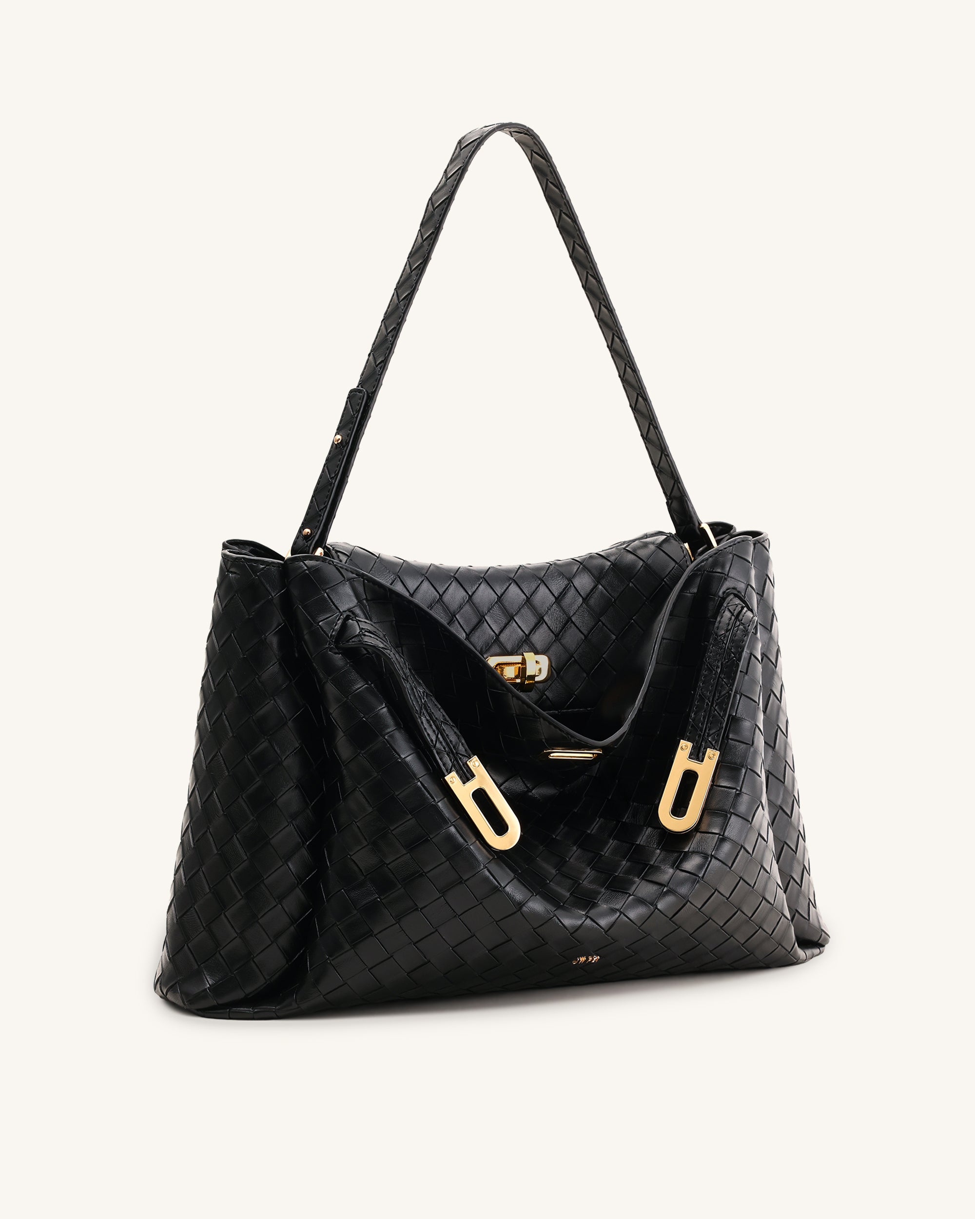 Rhea Large Woven Textured Shoulder Bag - Black