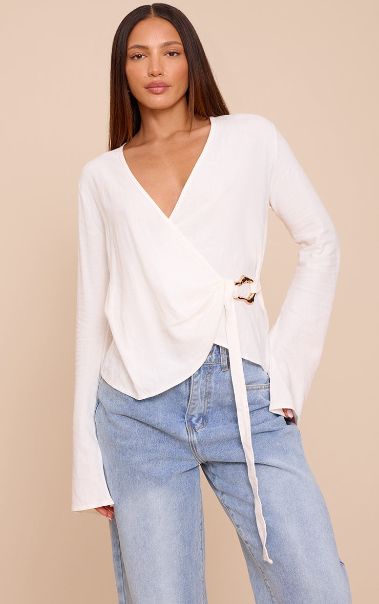 Tall White Lightweight Woven Wrap Trim Tie Top