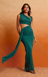 Teal Soft Touch Ruched Asymmetric Cut Out Maxi Dress