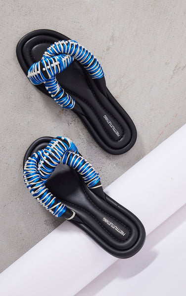 Black Real Leather Round Toe Padded Contrast Strap Pearl Detail Sandals