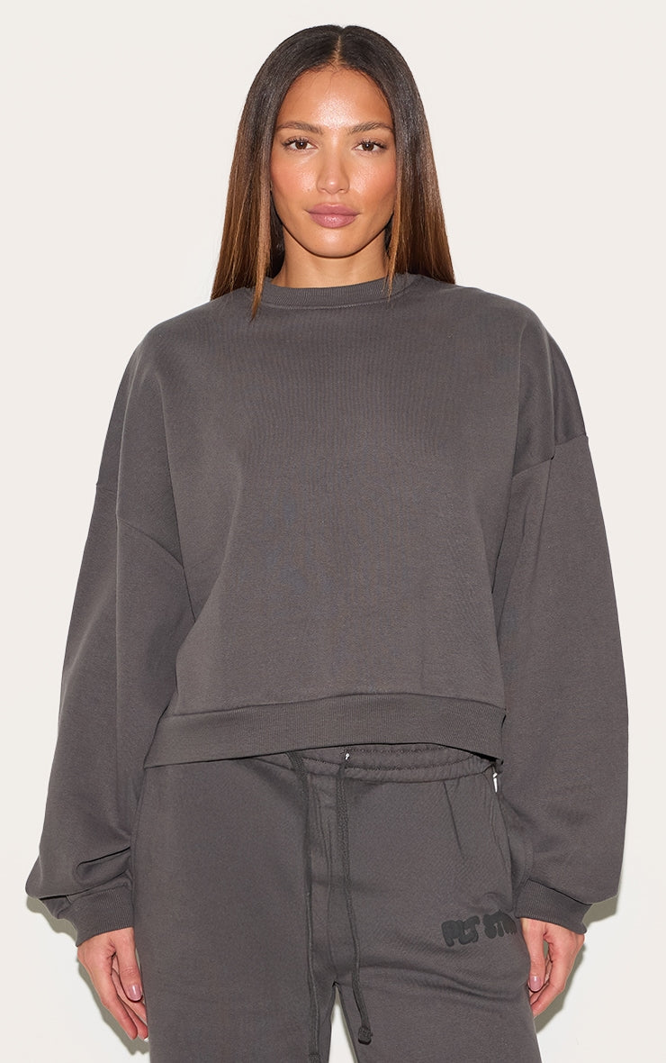 PRETTYLITTLETHING Tall Charcoal Premium Studio Print Boxy Sweatshirt