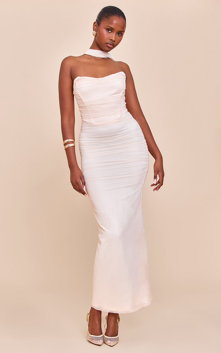 Cream Scarf Detail Ruched Maxi Dress