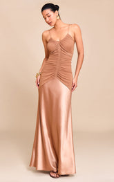 Taupe Ruched Detail Satin Maxi Slip Dress