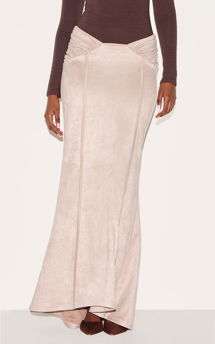 Stone Faux Suede Ruching Waist Detail Maxi Skirt