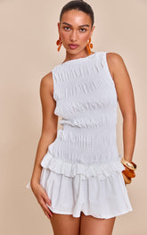 White Tailored Shirred Frill Shift Dress