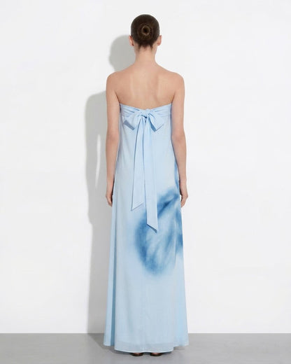 Watercolor Floral Print Strapless Maxi Dress - Blue