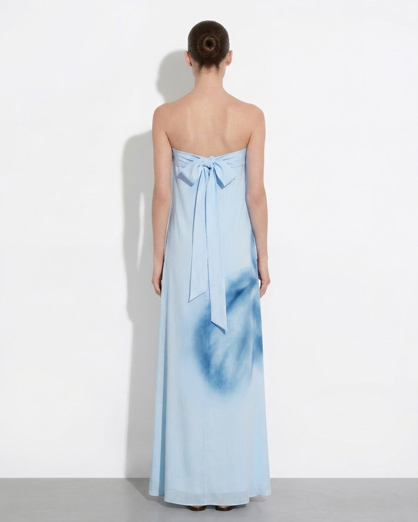 Watercolor Floral Print Strapless Maxi Dress - Blue