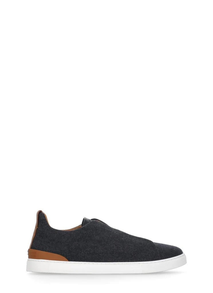 Zegna Men’s Grey Leather & Wool Slip-On Sneakers – Sanitized® Insole, Contrast Sole