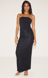 Black Textured Jersey Mid Rise Maxi Skirt