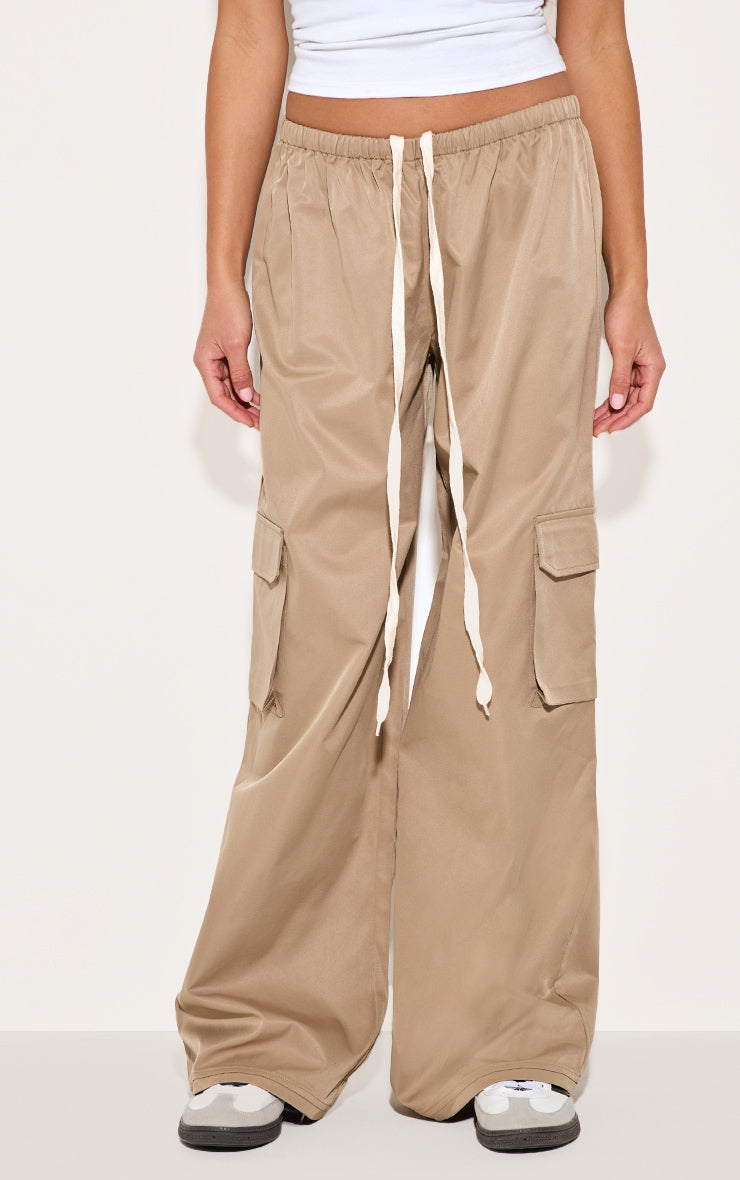 Stone Drawstring Cargo Pocket Detail Straight Leg Trousers