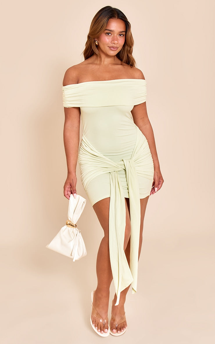 Shape Pale Lime Sculpt Fold Over Bardot Wrap Waist Drape Mini Dress