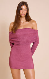 Mauve Textured Bardot Long Sleeve Bodycon Dress