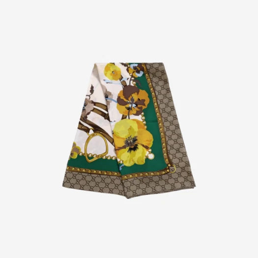 (W) Gucci Flower Print Silk Scarf Green