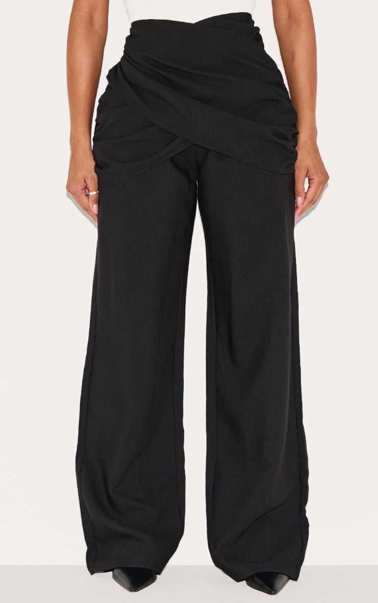 Shape Black High Waisted Tailored Wrap V Front Wide Leg Trousers