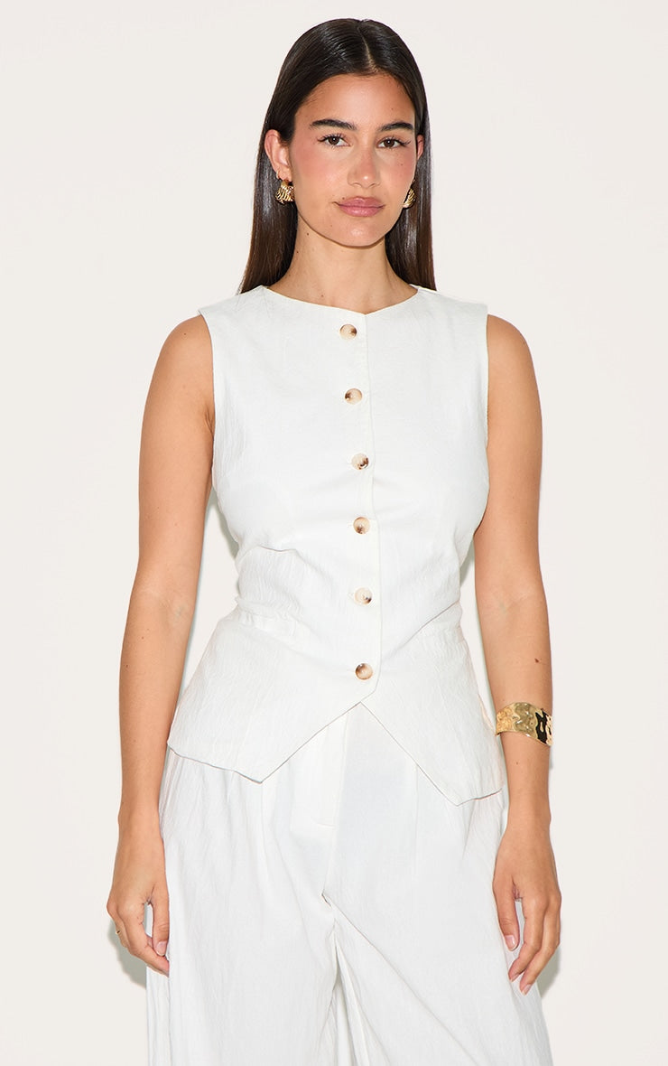 White Linen Look Tailored Waistcoat
