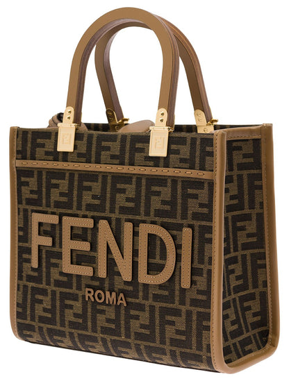 Fendi 'Sunshine Small' Brown Tote Bag with Logo in FF Jacquard Canvas and Leather Woman