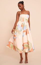 Blue Abstract Floral Ruched Bust Corset Strappy Midaxi Dress