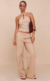 Sand Woven Mid Rise Wide Leg Trousers