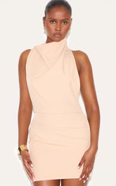 Natural High Neck Cowl Backless Bodycon Dress