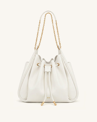 Rowan Ruched Drawstring Chain Bucket Bag - Black