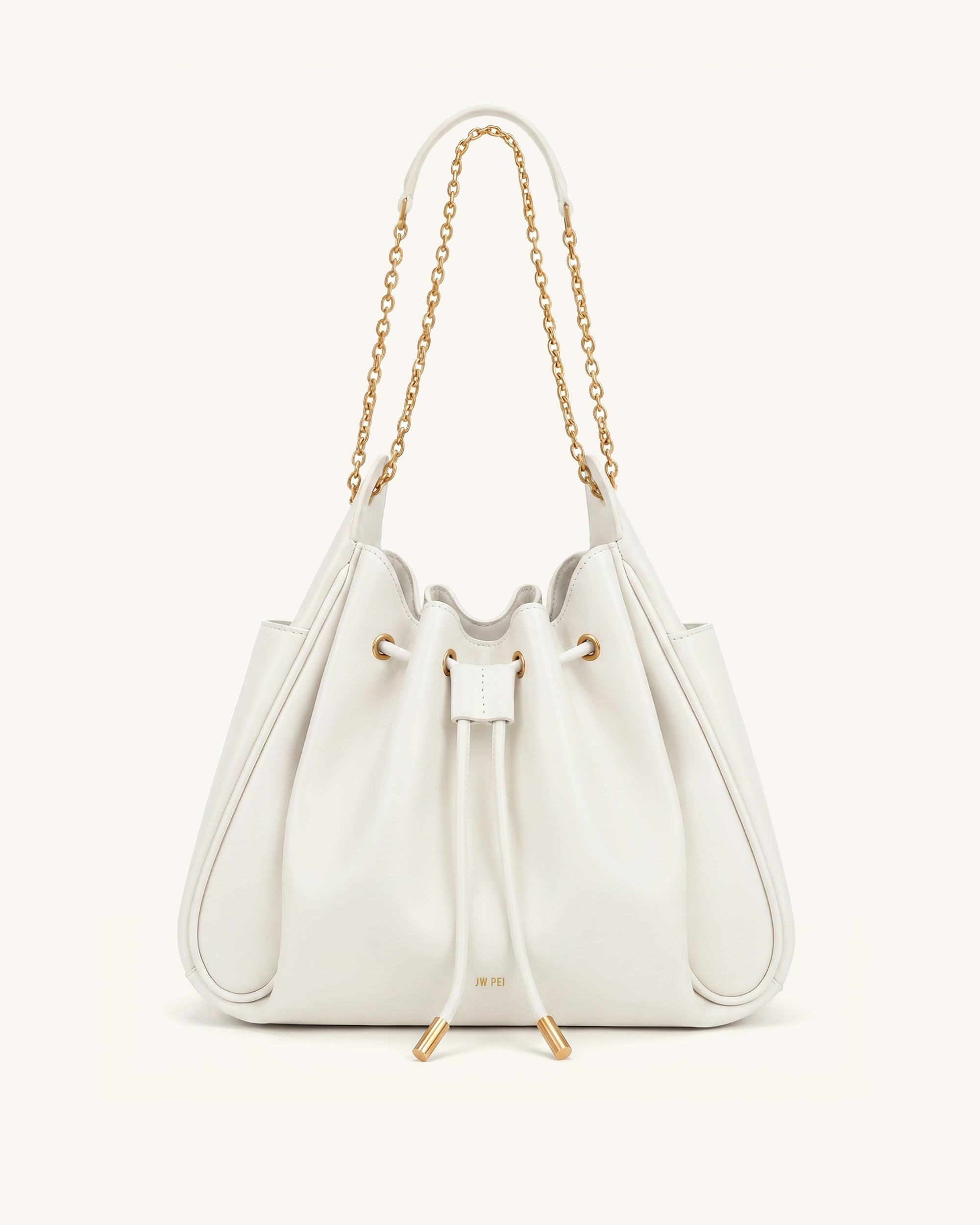 Rowan Ruched Drawstring Chain Bucket Bag - Ivory