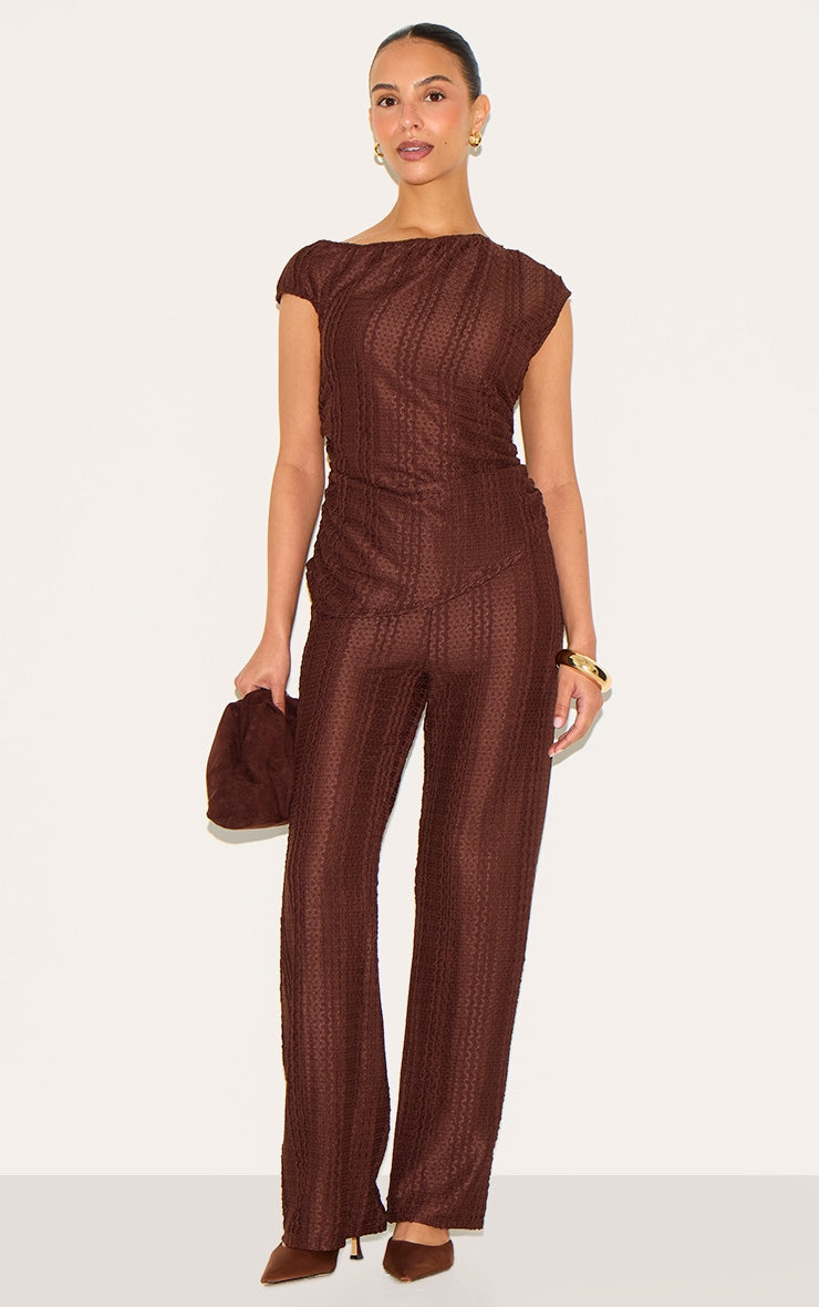 Petite Chocolate Textured Elasticated Wide Leg Trousers
