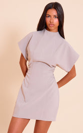 Petite Taupe Cape Sleeve Ruched Detail Mini Dress