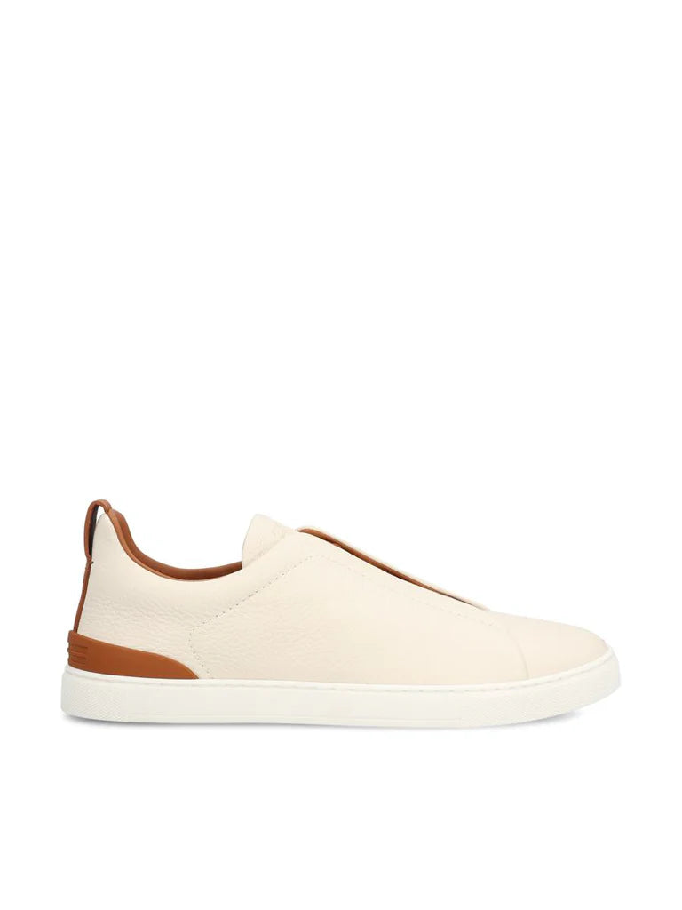 Zegna Men’s Triple Stitch™ White & Brown Deerskin Slip-On Sneakers – Made in Italy | Luxury Casual Footwear