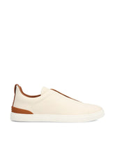 Zegna Men’s Triple Stitch™ White & Brown Deerskin Slip-On Sneakers – Made in Italy | Luxury Casual Footwear