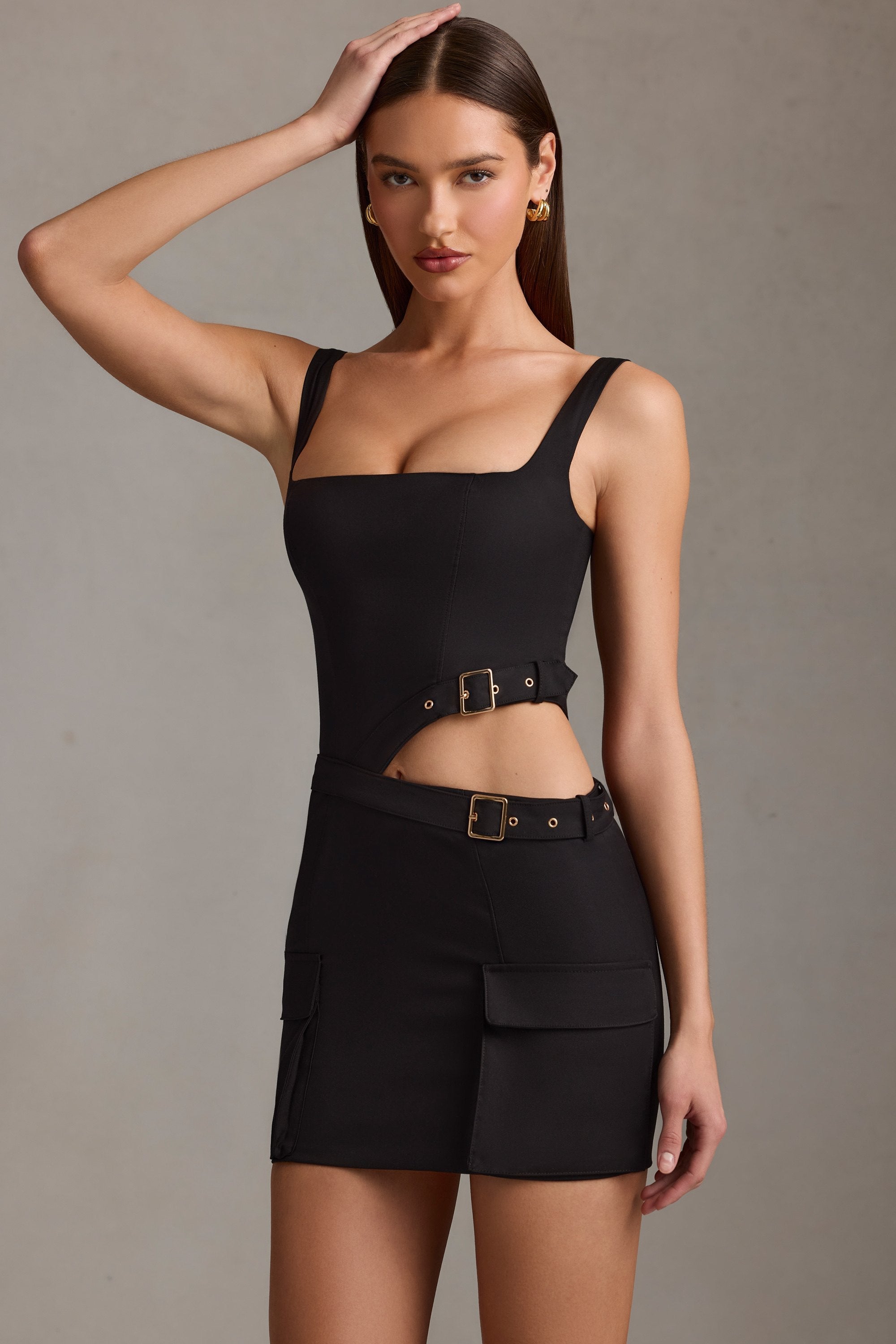 Belted Cut-Out Mini Dress in Black