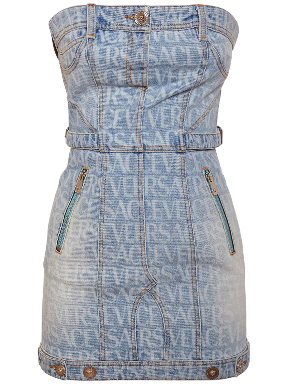 Versace Logo printed denim mini dress