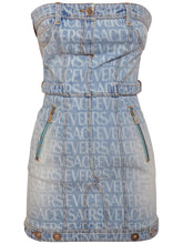 Versace Logo printed denim mini dress