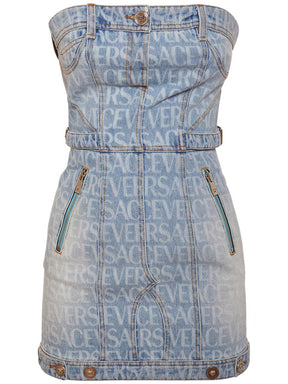 Versace Logo printed denim mini dress