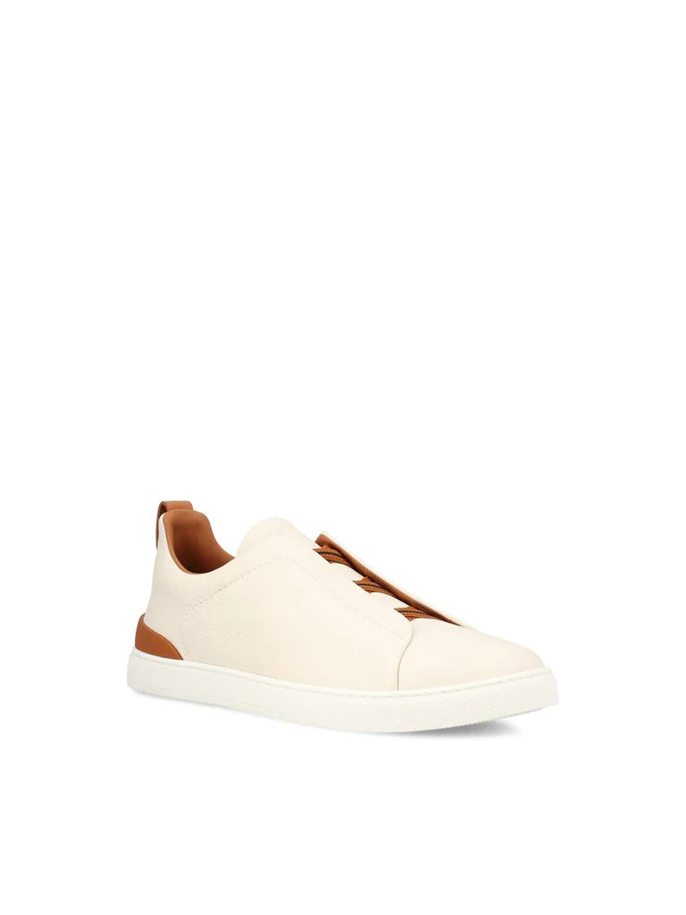 Zegna Men’s Triple Stitch™ White & Brown Deerskin Slip-On Sneakers – Made in Italy | Luxury Casual Footwear