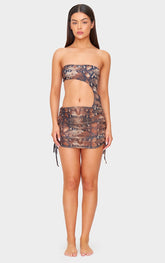 Brown Snake Print Ruched Detail Mesh Beach Skirt