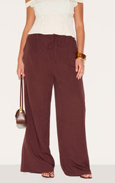 Plus Wine Tailored Tie Detail Woven Wide Leg Trousers