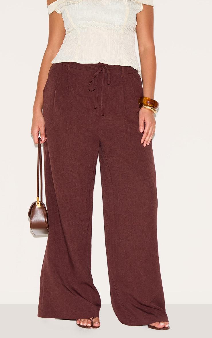 Plus Wine Tailored Tie Detail Woven Wide Leg Trousers