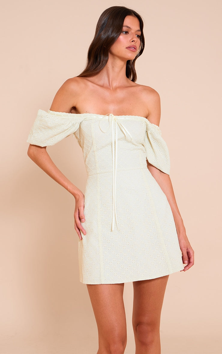 Cream Broderie Puff Sleeve A-line Mini Dress