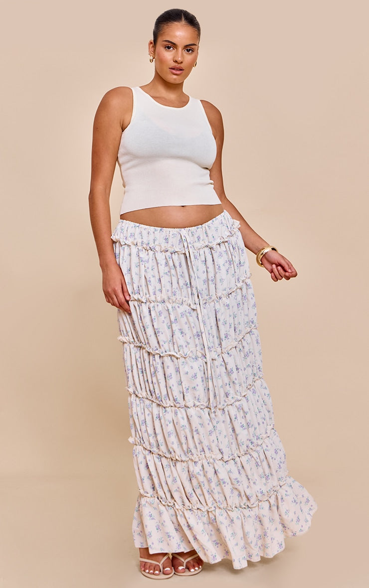 Plus Blue Ditsy Floral Print Tiered Maxi Skirt