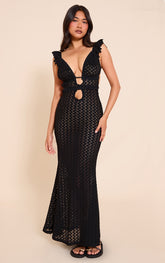 Black Textured Frill Strap Maxi Dress