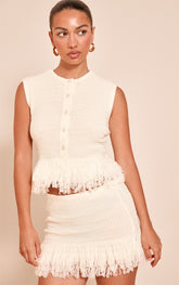 Cream Button Up Fringe Detail Knitted Cardigan