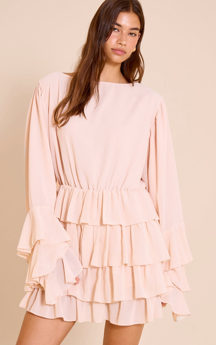 Blush Boat Neck Low Back Frill Detail Shift Dress