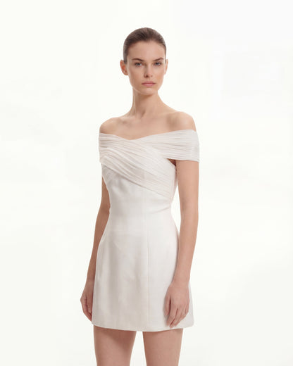 Satin Mini Dress with Tulle Cross-Halter - Blue